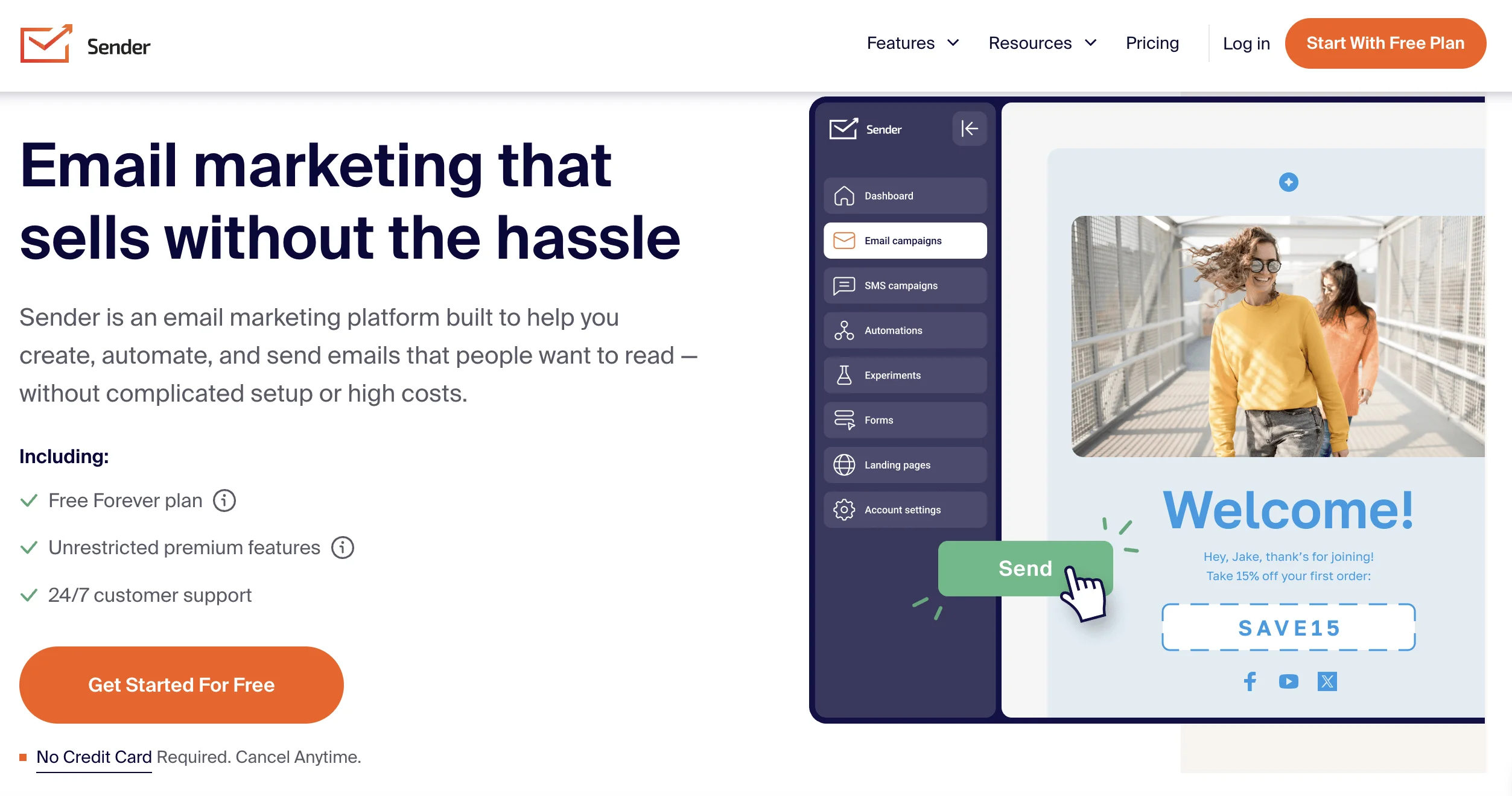 Sender homepage showing email marketing platform with campaign dashboard and newsletter editor