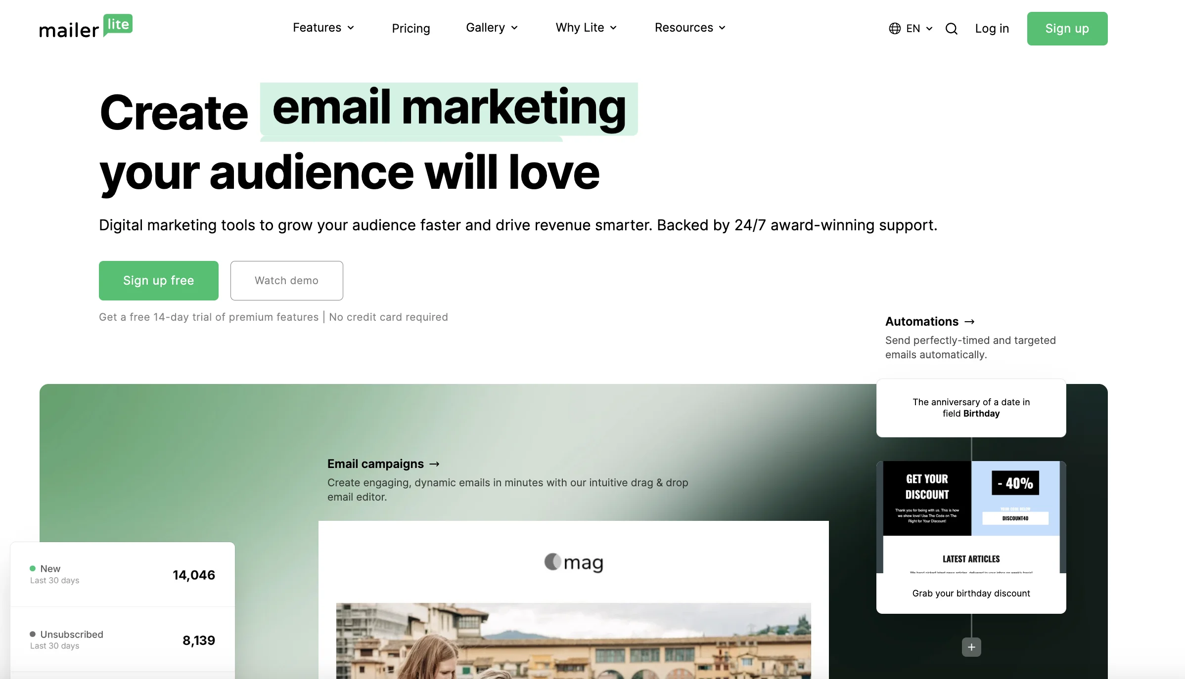 MailerLite homepage showing email marketing platform with campaign builder and automation workflows