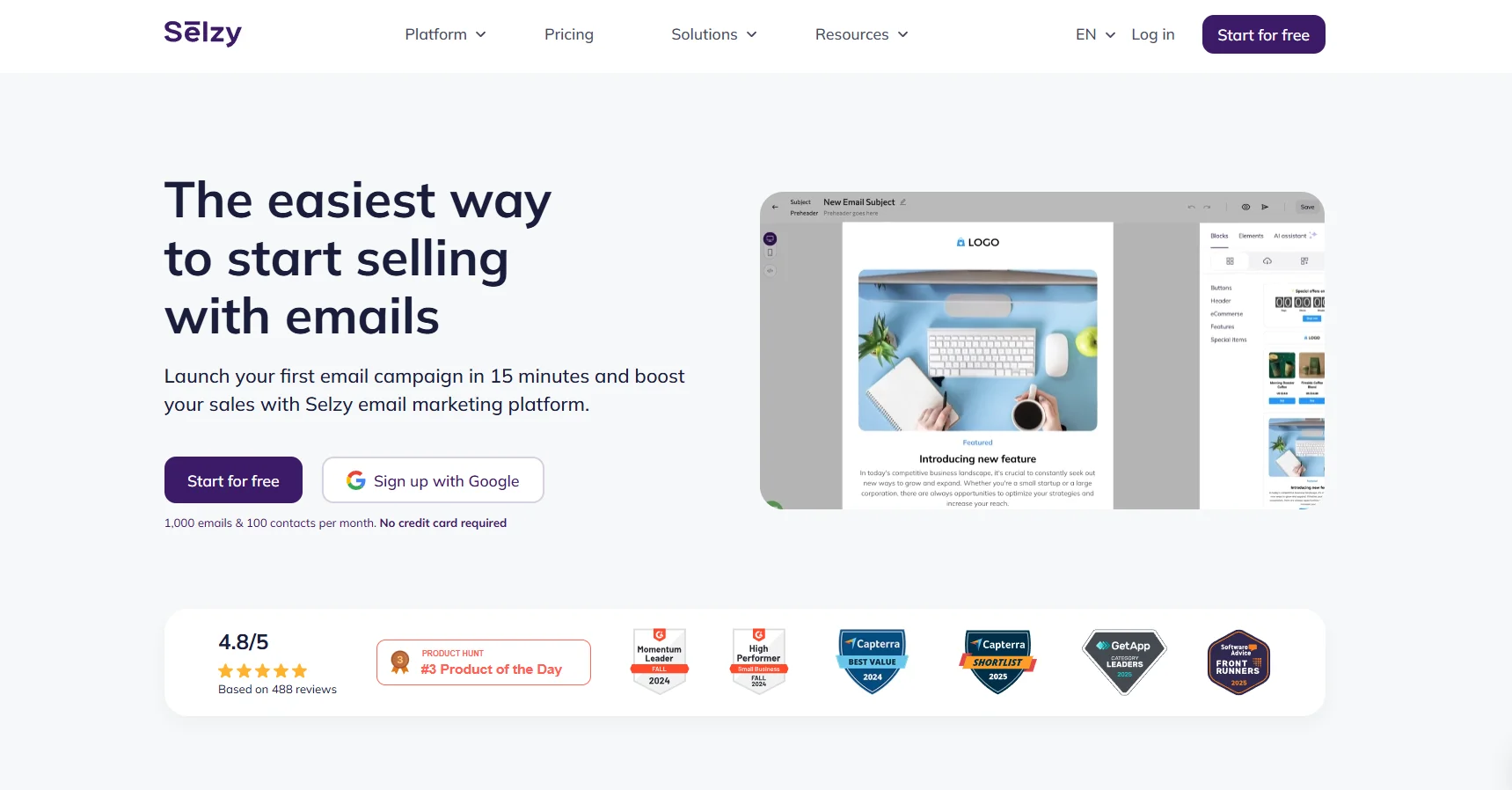 Selzy homepage displaying email editor interface and campaign creation tools
