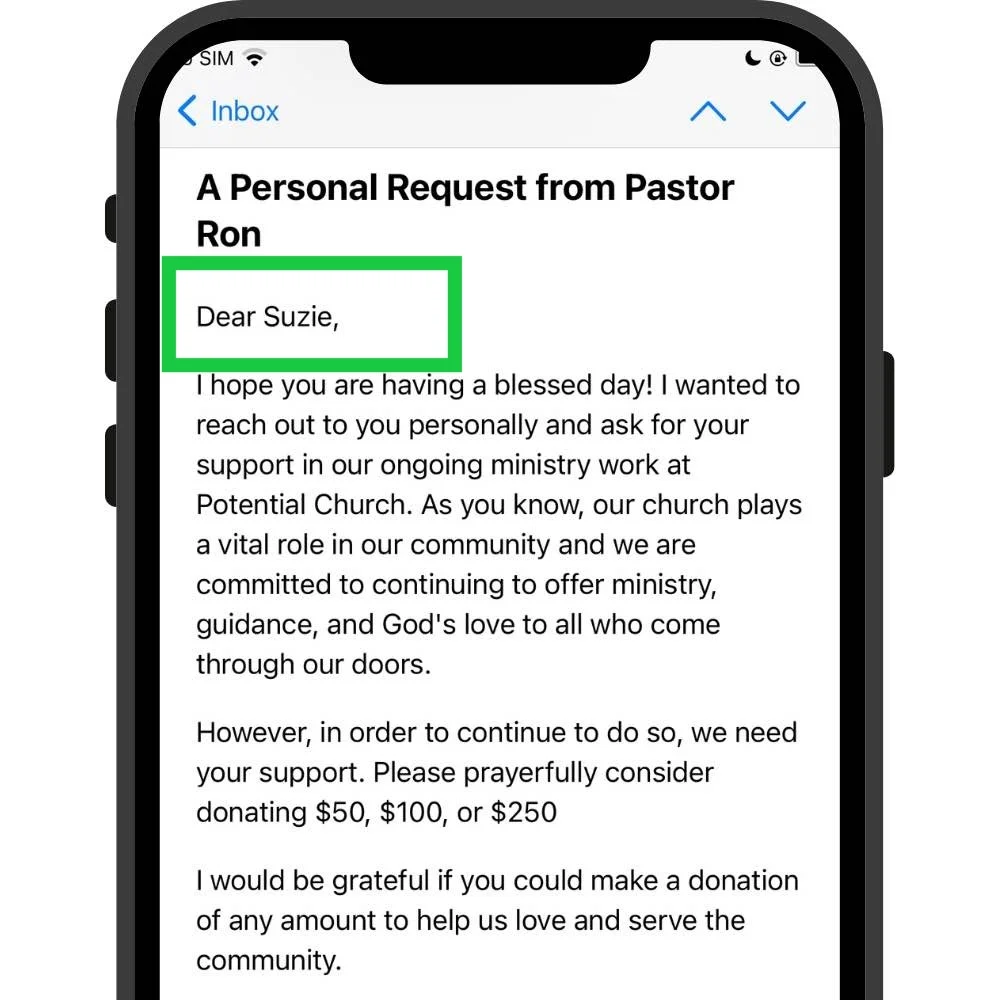 Mobile email showing a personalised church fundraising message addressed by name and requesting support