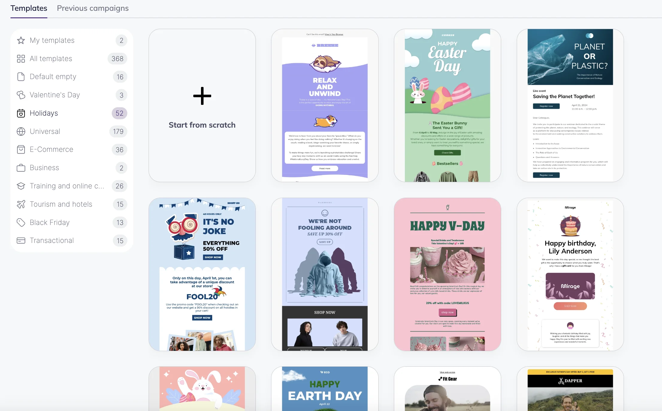 Email template library interface showing a selection of ready-made templates and categories for creating campaigns.