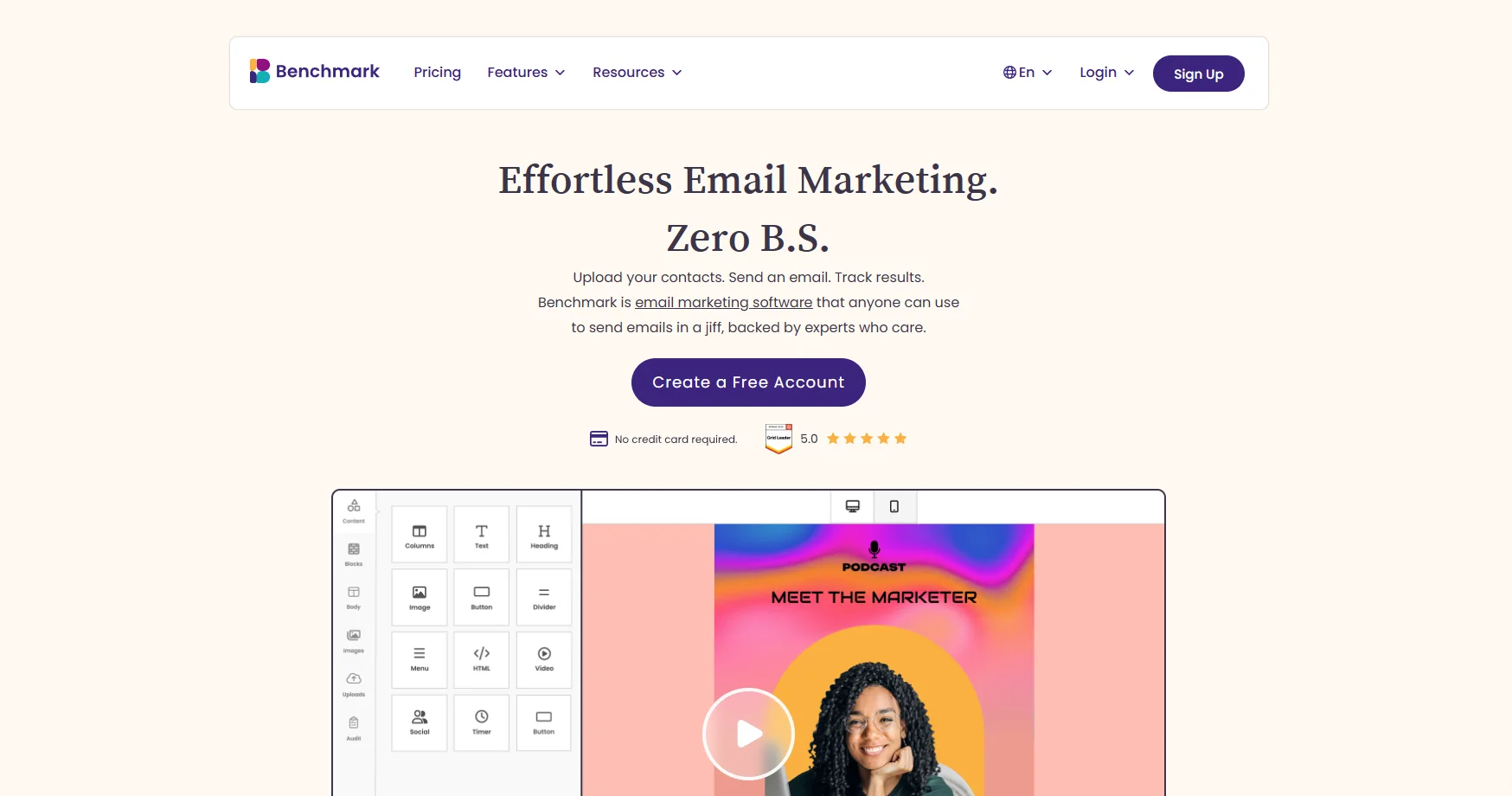 Benchmark Email homepage featuring email editor interface and campaign creation tools