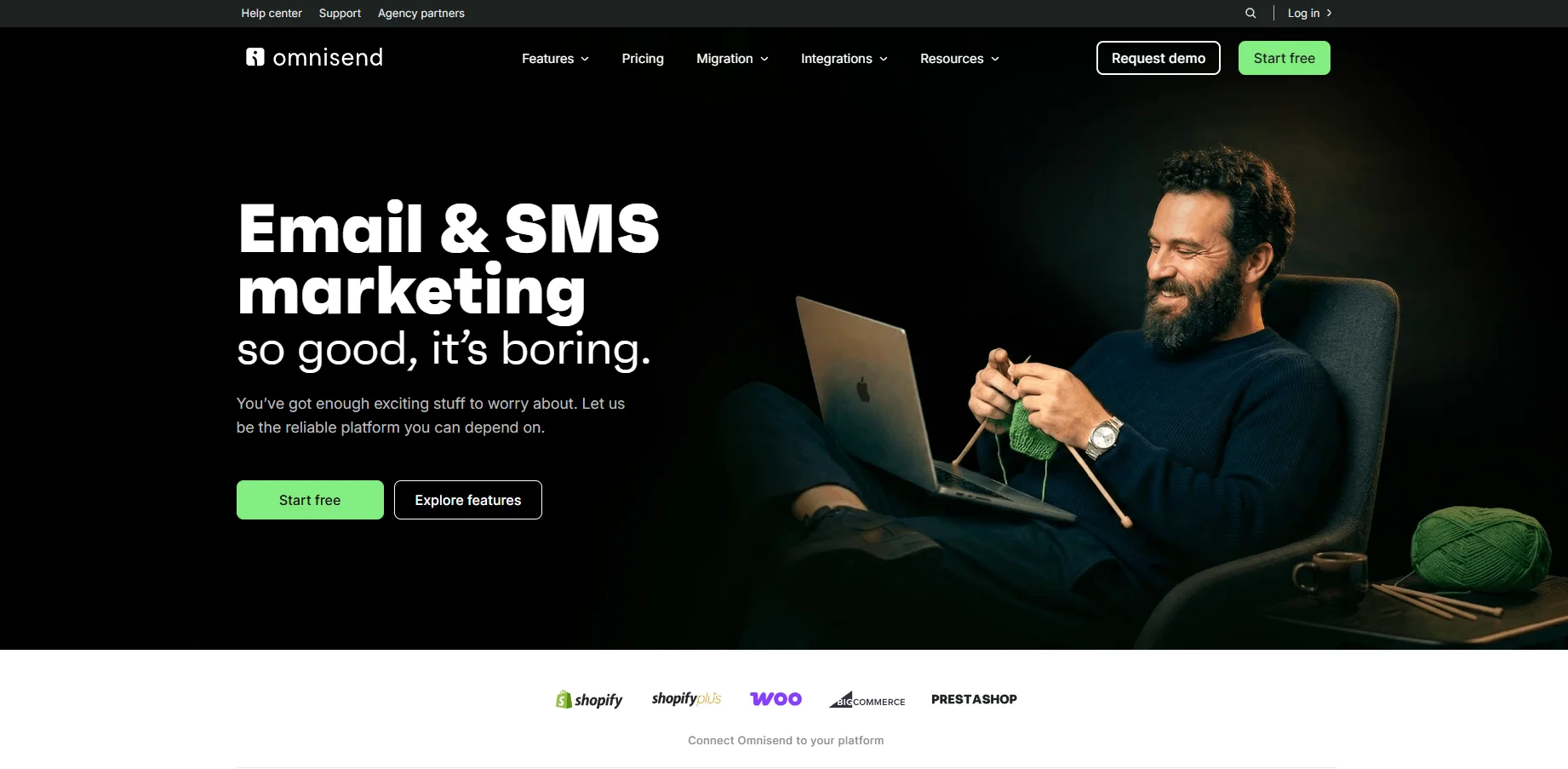 Omnisend homepage featuring email and SMS marketing platform interface