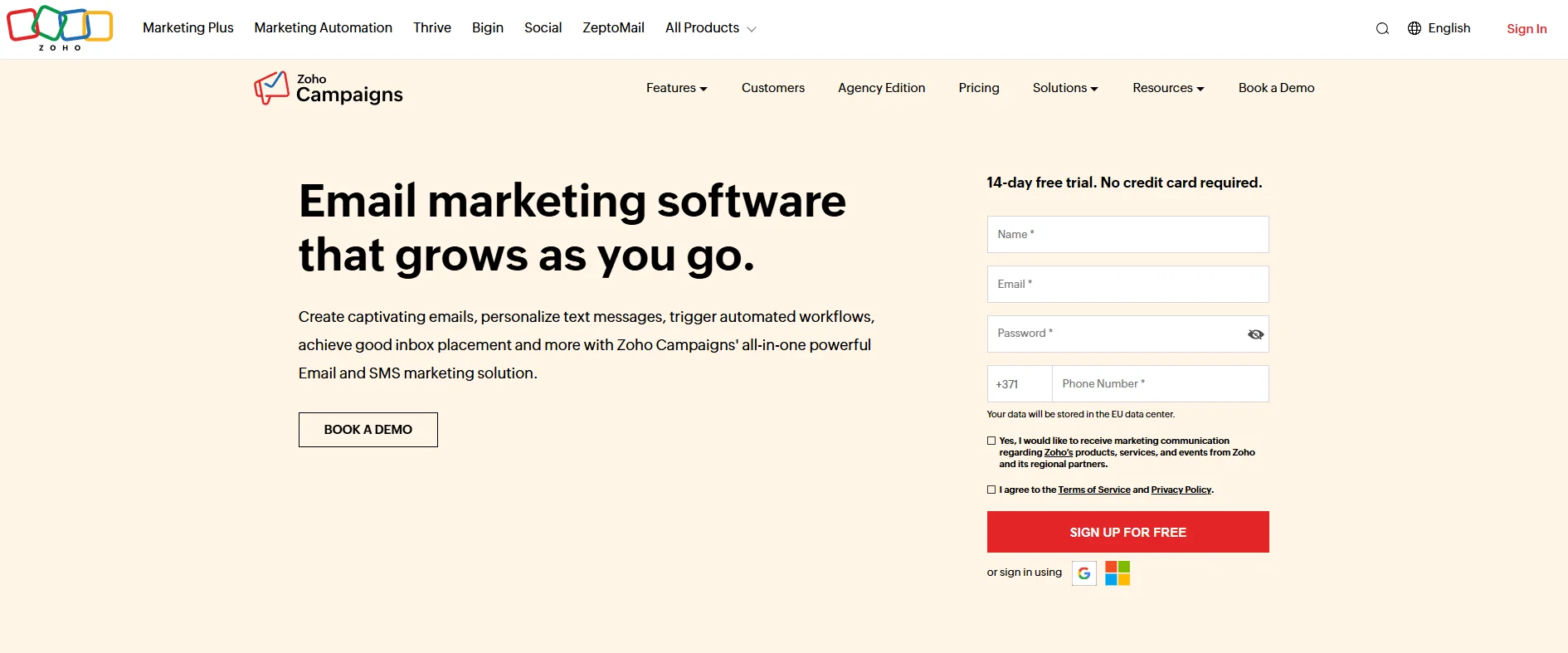 Zoho Campaigns homepage with email marketing software interface and signup form