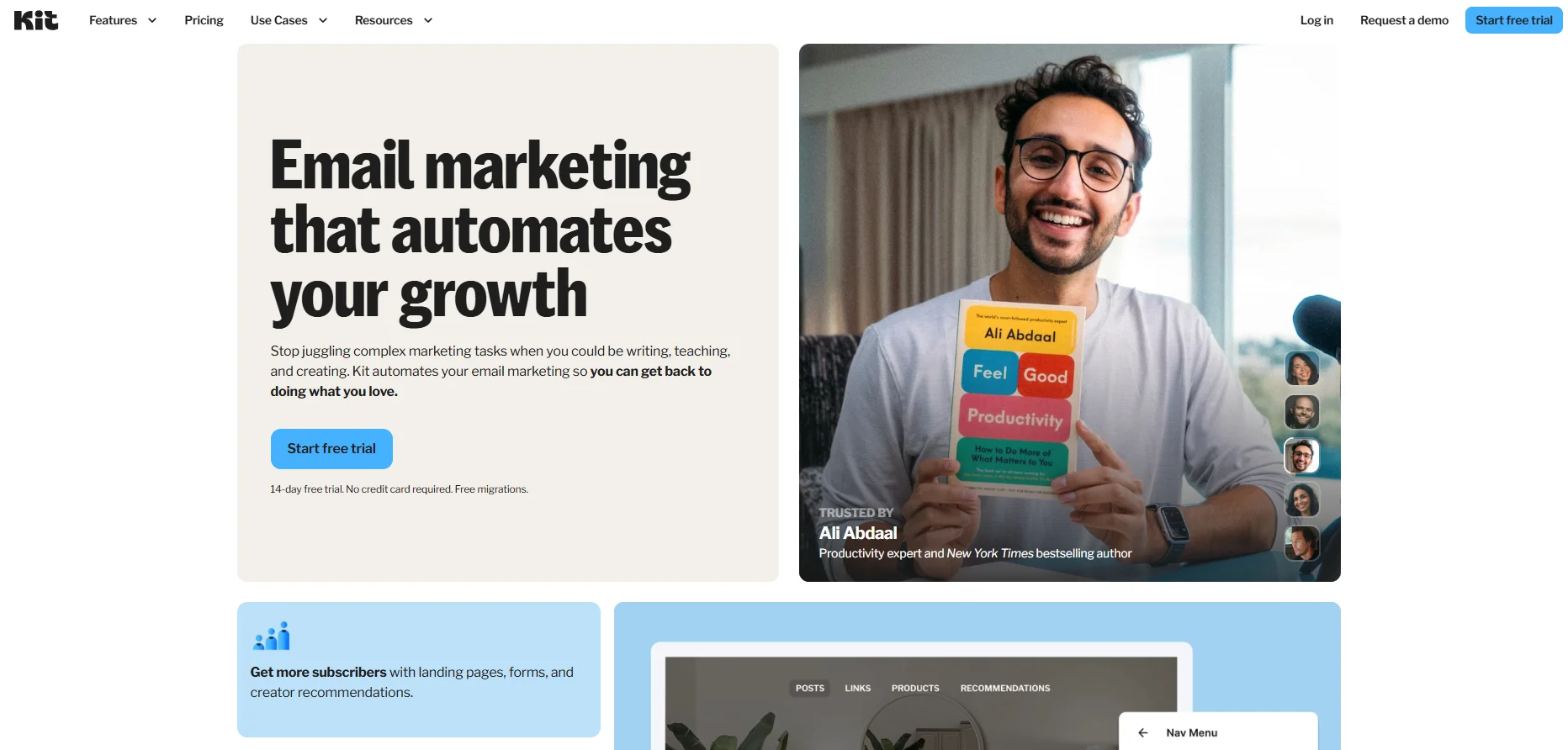 Kit homepage featuring email marketing platform interface and creator-focused tools