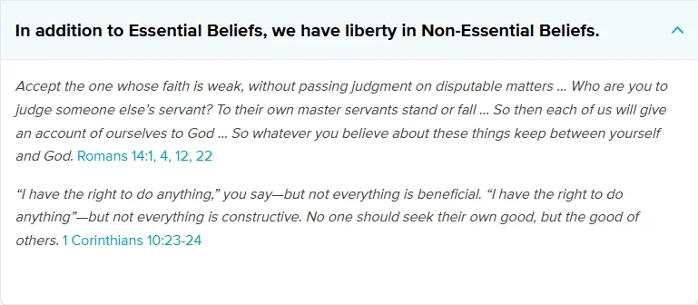 Life.Church’s values page, with the main text “In addition to Essential Beliefs, we have liberty in Non-Essential Beliefs”