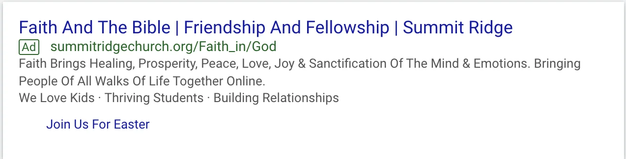 Google search ad for Summit Ridge Church promoting faith, community, and an invitation to join for Easter