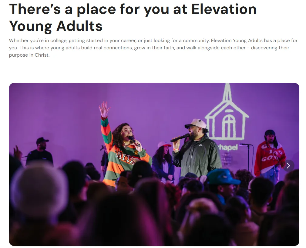 Elevation Church’s Young Adults page, featuring a picture of young adults on a stage during a religious ceremony
