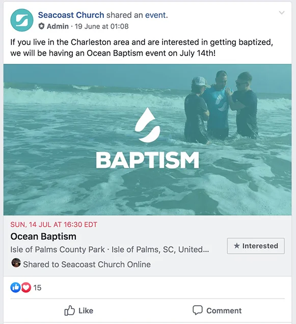 Facebook post promoting a church ocean baptism event, featuring people being baptised in the sea and event details