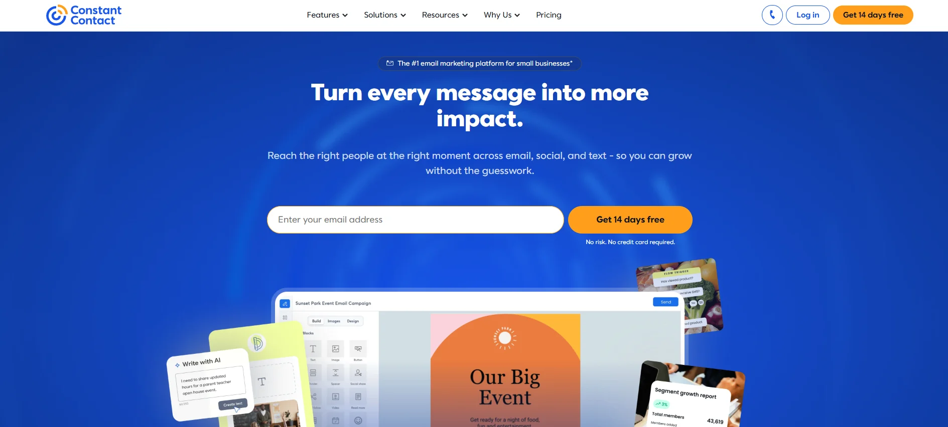 Constant Contact homepage with email campaign builder and signup form section