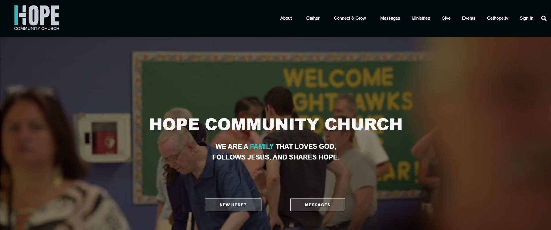 A view of Hope Community Church’s main page, where the user can find links for newcomers, messages, and an easy-to-find menu on the top right