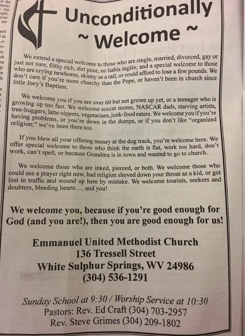 Newspaper ad for a church with a welcoming message emphasizing inclusivity and providing service times and contact details