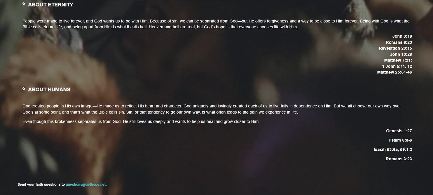 Hope Community Church’s about page, which shares their comments on biblical passages