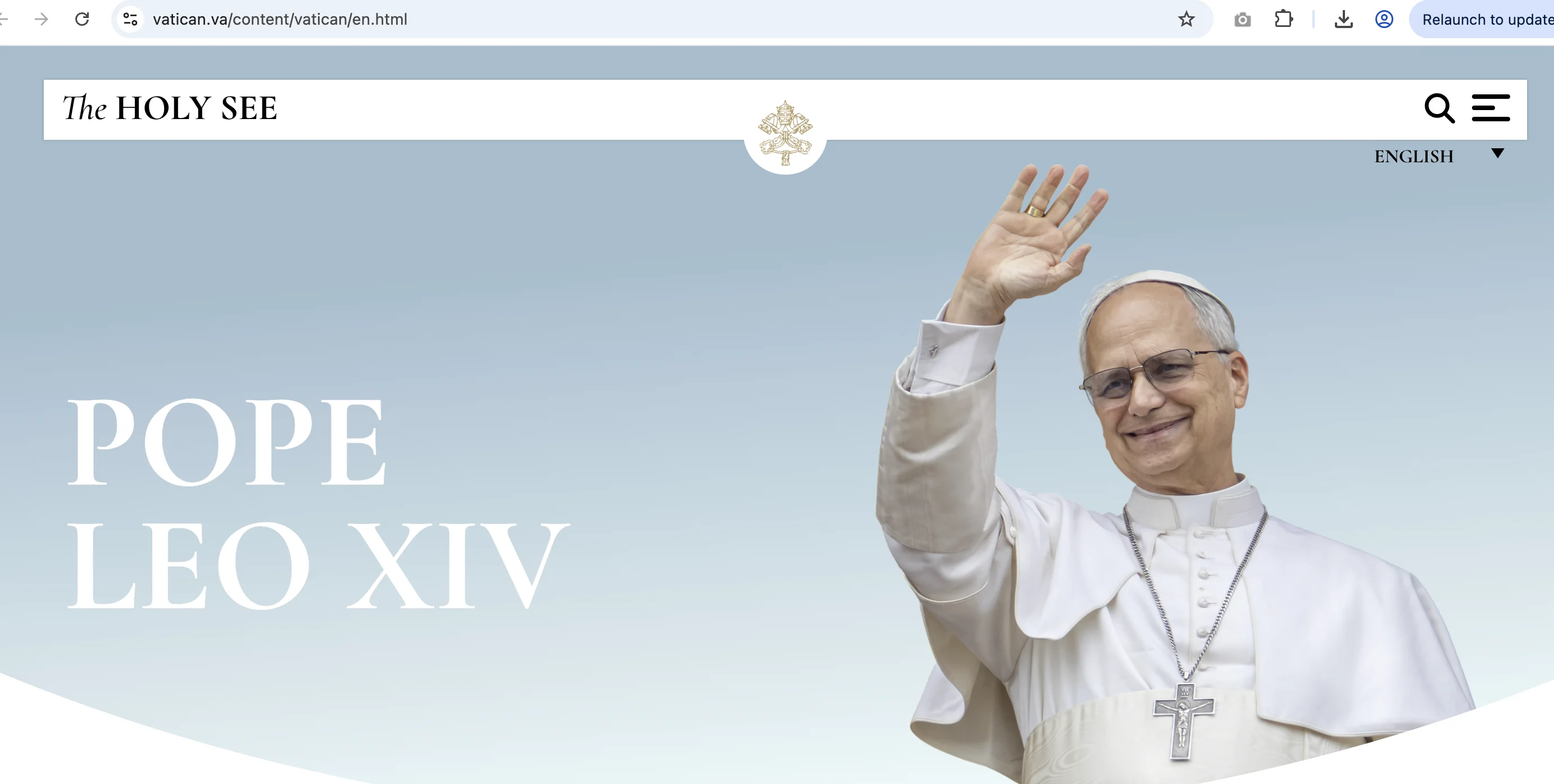 Screenshot of the Vatican website homepage featuring Pope Leo XIV with a welcome banner