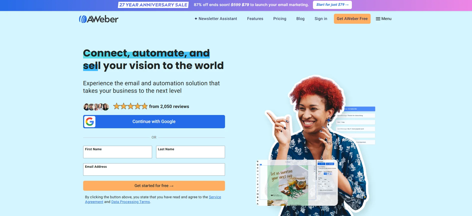 AWeber homepage with signup form and email automation builder preview
