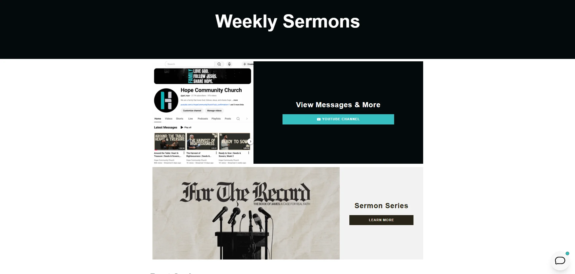 Hope Community Church’s main sermon page, where the visitor can easily access the daily sermon and take a look at sermons from past days