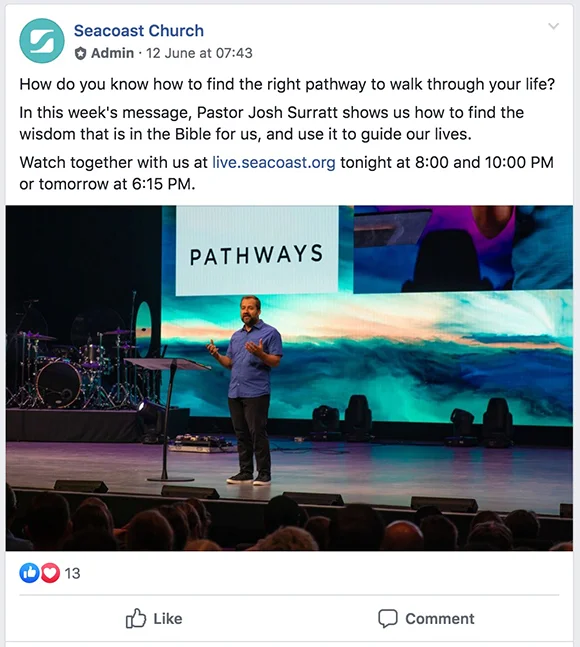 Facebook post promoting a church sermon titled “Pathways,” featuring a pastor speaking on stage and an invitation to watch online