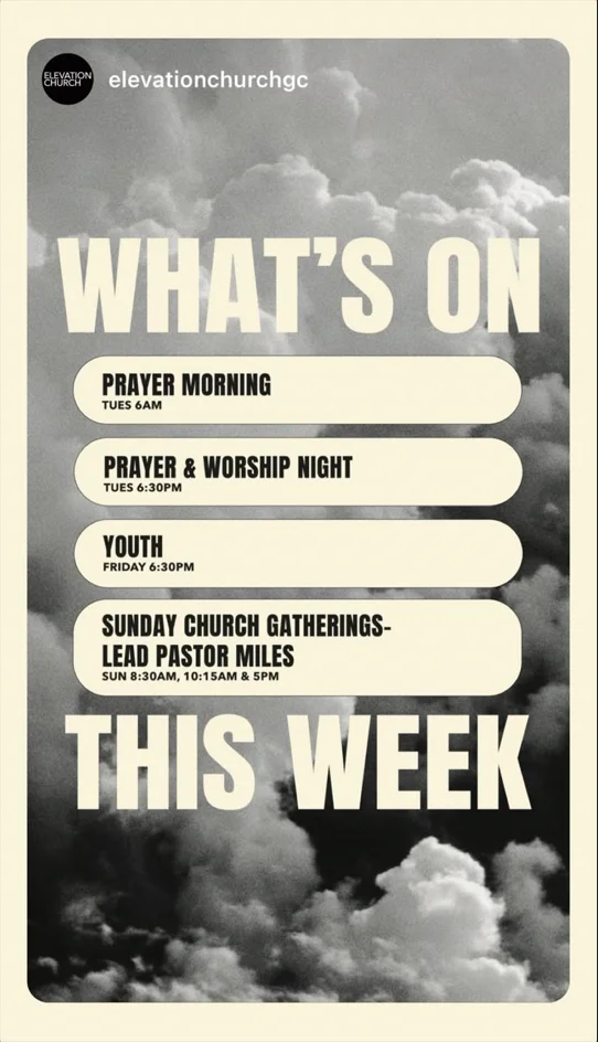 Elevation Church Gold Coast’s Instagram post, offering a calendar of events for the week