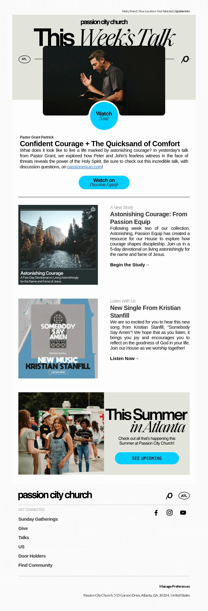 Church email newsletter featuring a weekly sermon, study resources, music release, and upcoming summer events