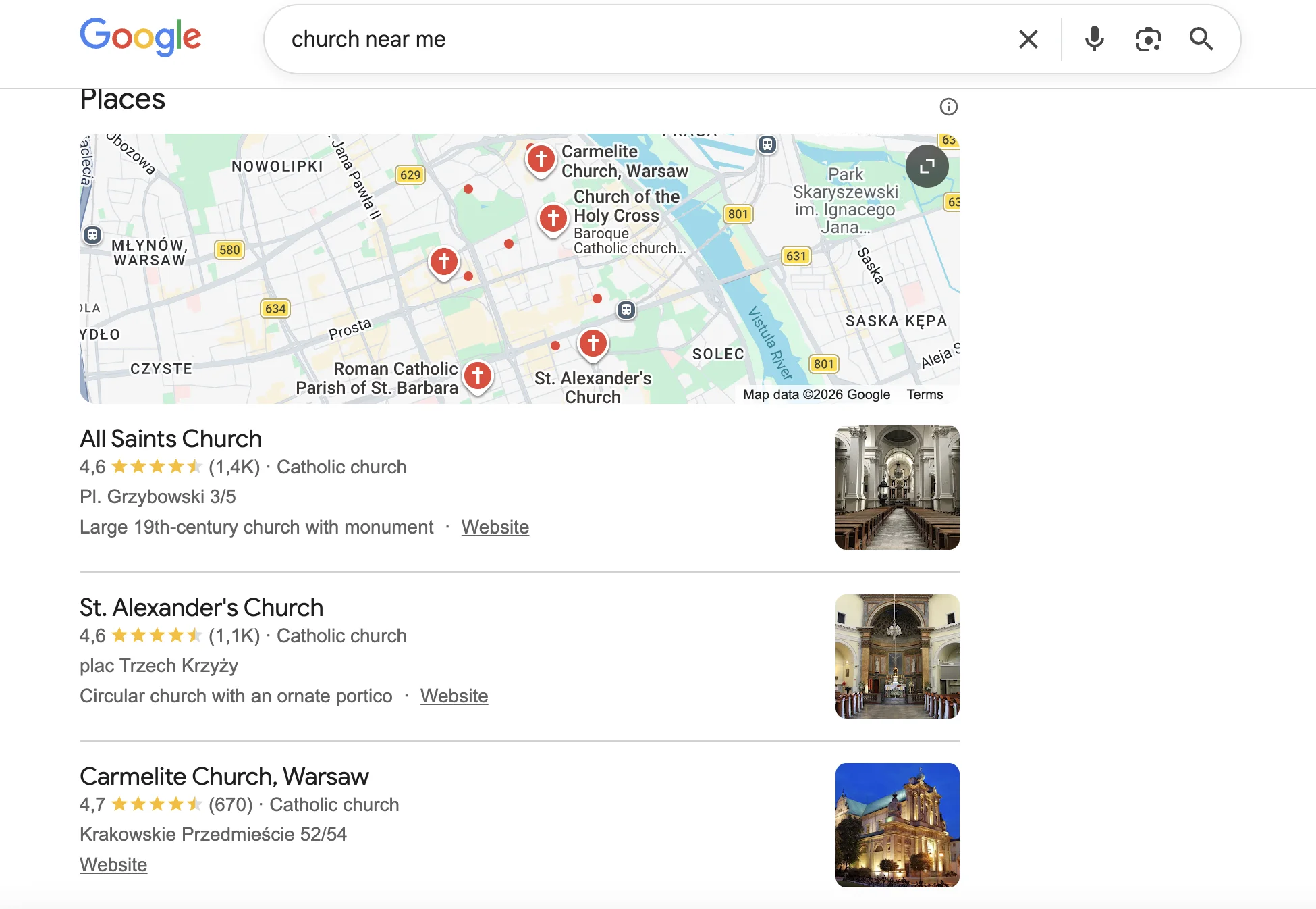 Google search results for “church near me” showing a map and a list of nearby churches with ratings and locations