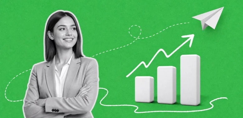 B2B email marketing software cover with businesswoman, growth chart, and paper plane