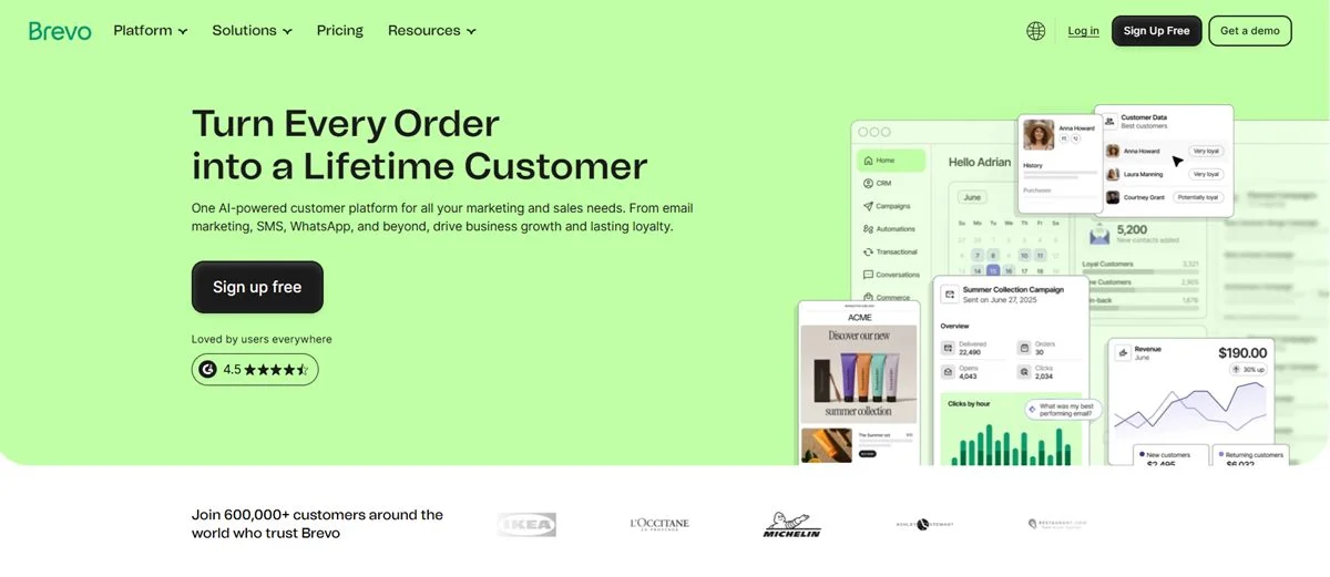 Brevo homepage with customer platform dashboard preview