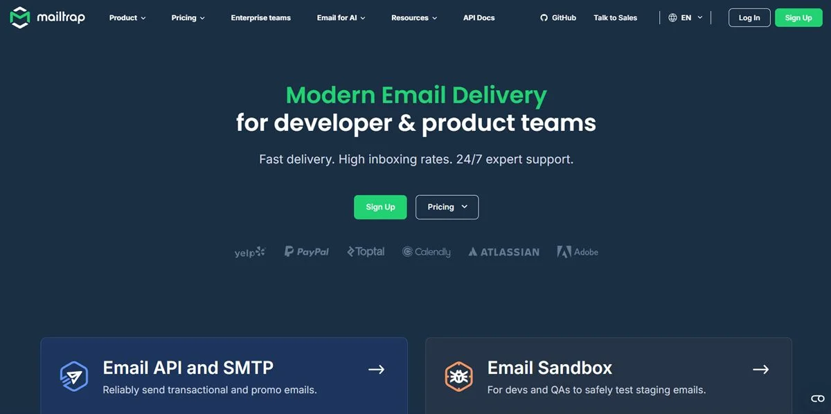 Mailtrap homepage with email platform interface preview