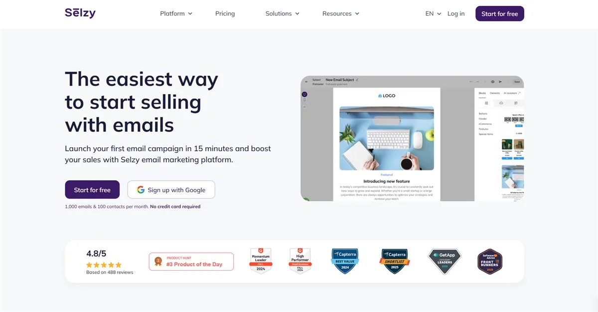 Selzy homepage with email campaign builder preview