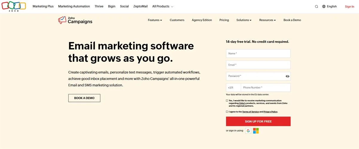Zoho Campaigns homepage with email marketing platform preview