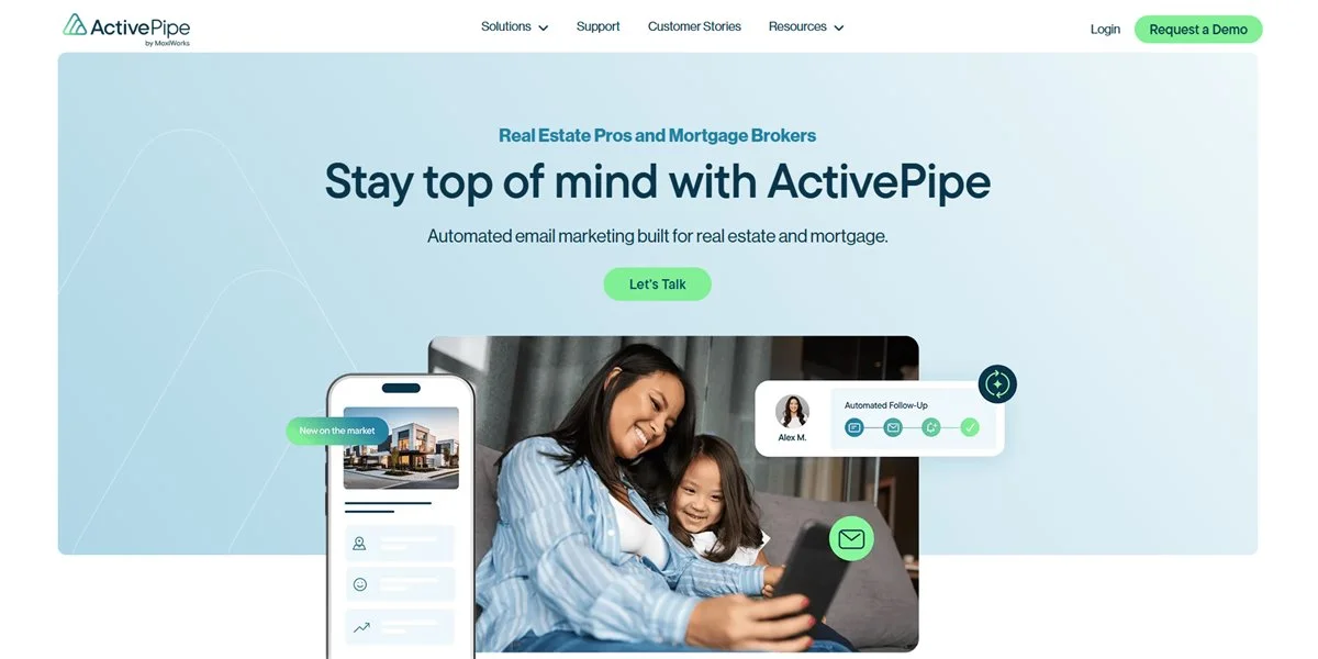ActivePipe by MoxiWorks homepage with real estate marketing platform preview