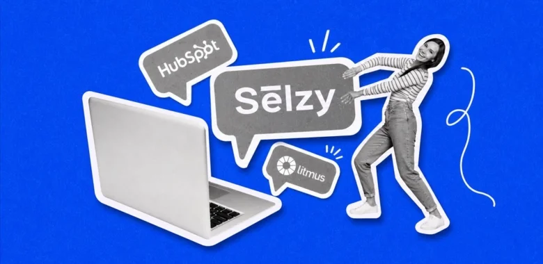 Email marketing blogs cover with laptop, speech bubbles, and person on a blue background