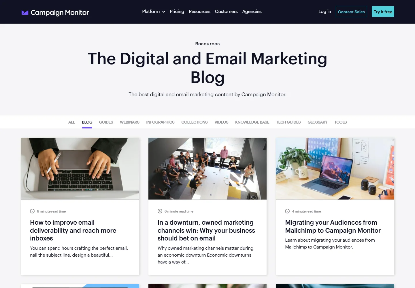 Campaign Monitor Blog homepage with email marketing articles