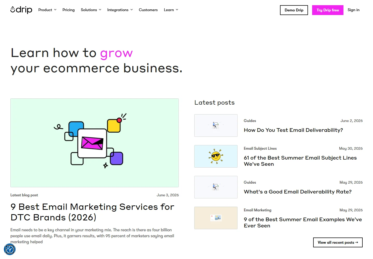 Drip Blog homepage with ecommerce email marketing articles