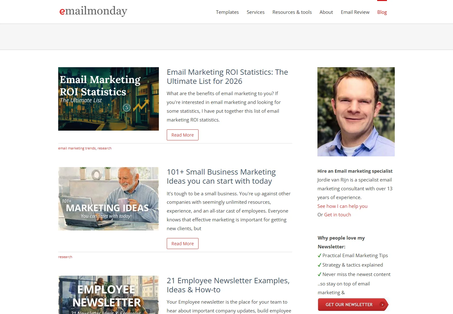 EmailMonday homepage with email marketing articles and resources