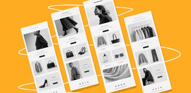 Fashion newsletter cover with floating email mockups on an orange background
