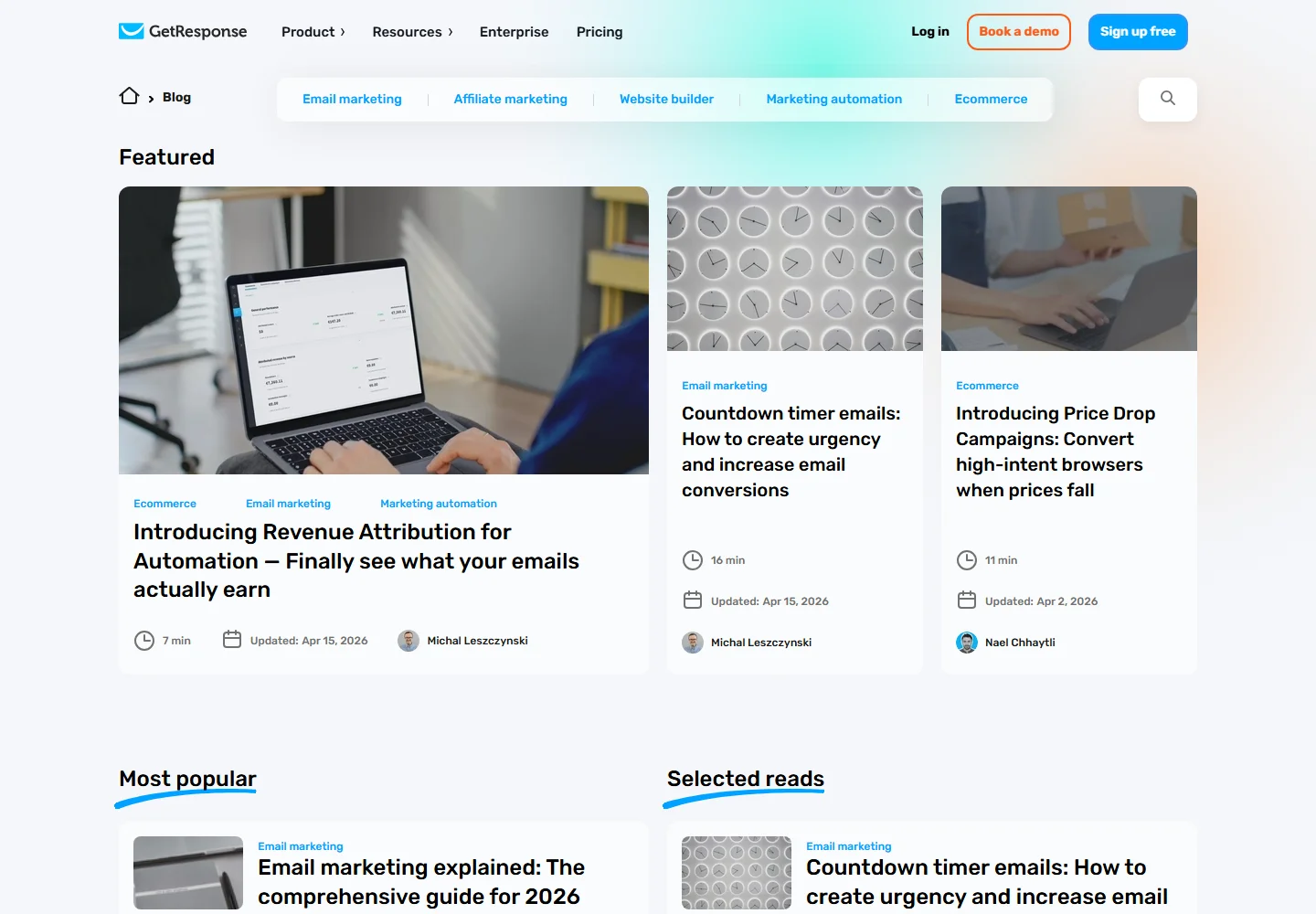 GetResponse Blog homepage with email marketing articles
