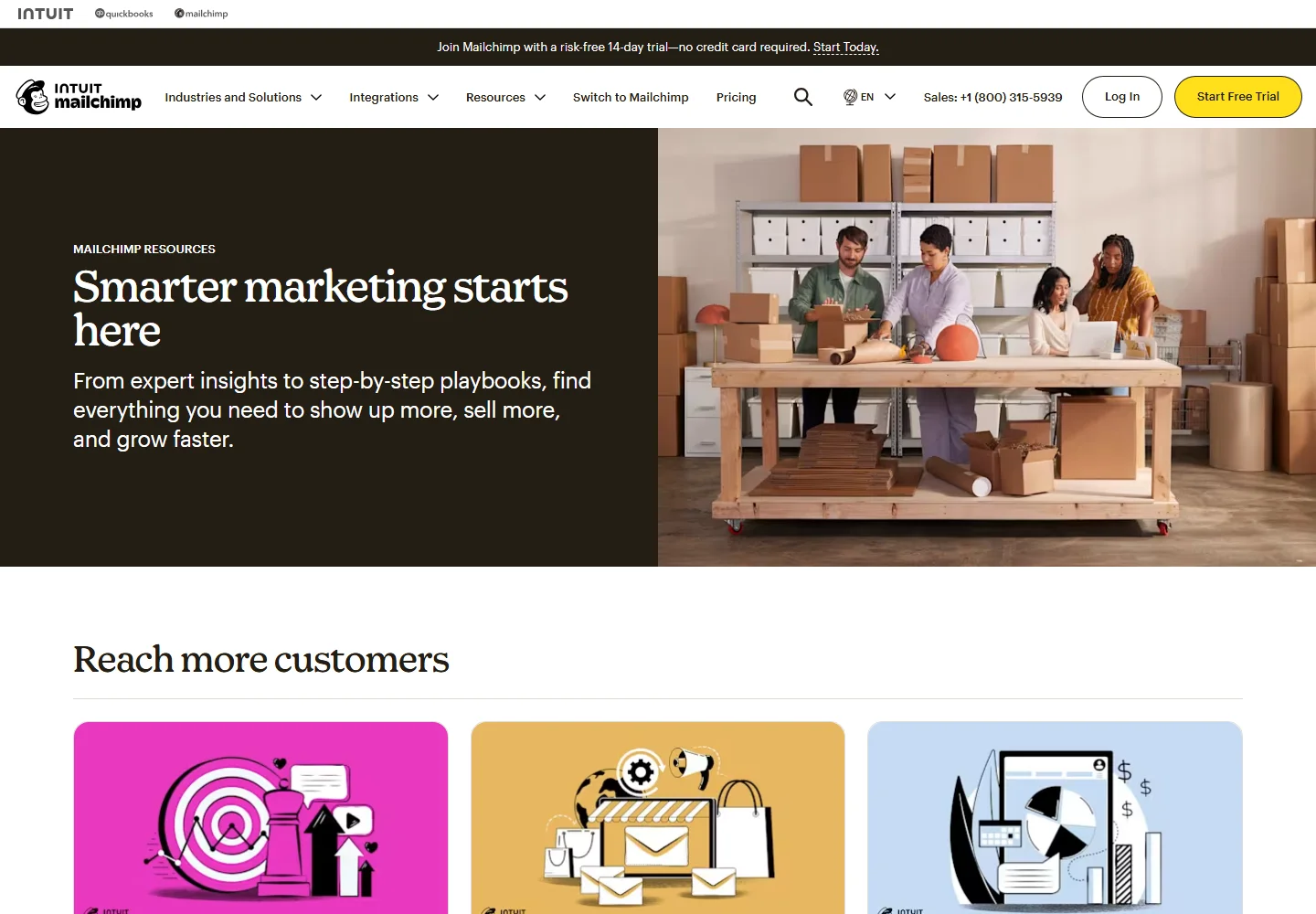 Mailchimp Resources homepage with email marketing articles and guides