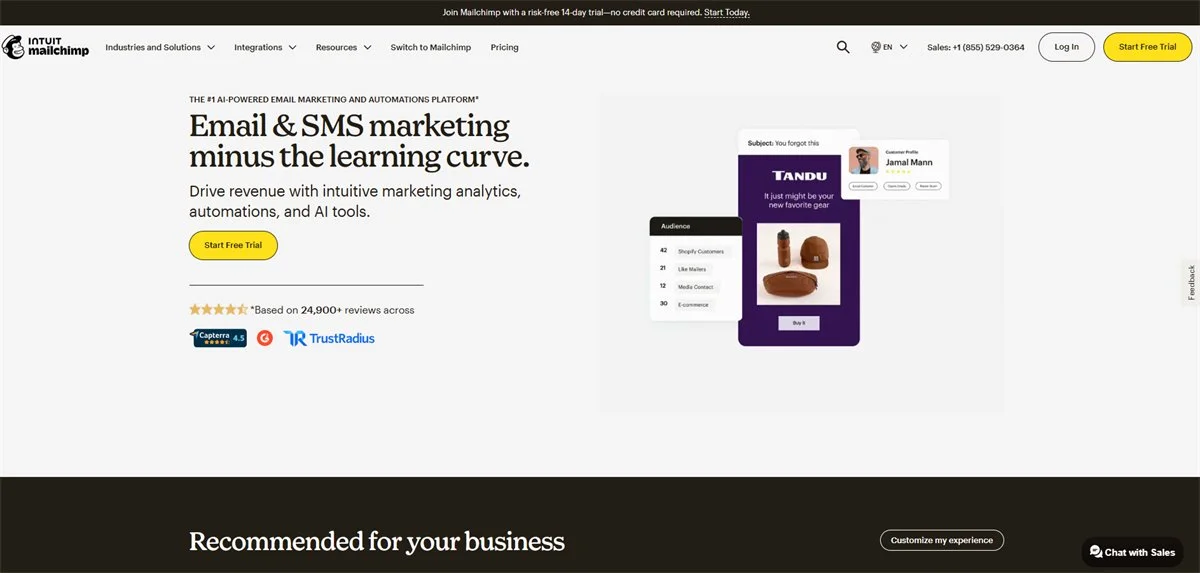 Mailchimp homepage with email marketing platform preview
