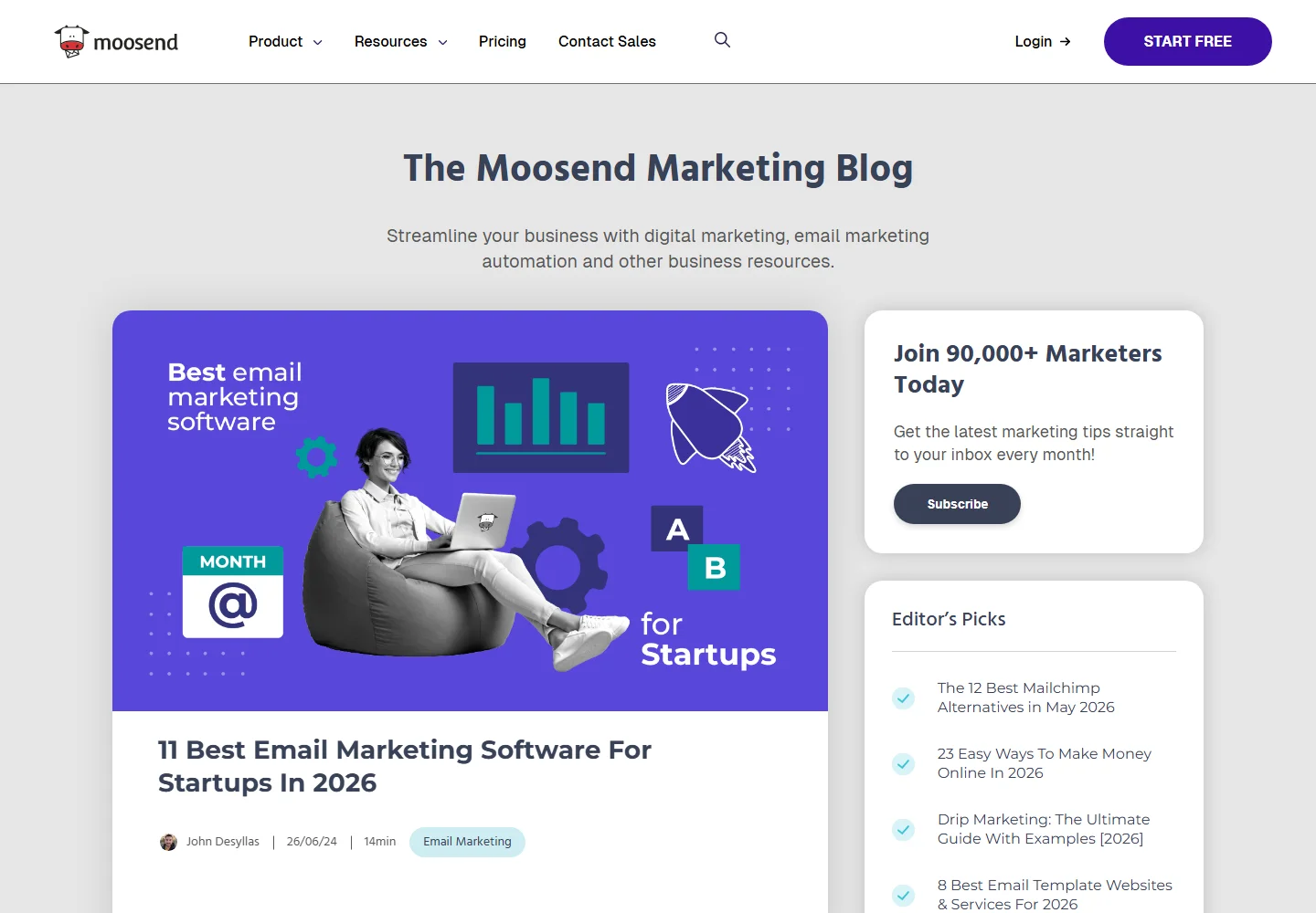 Moosend Marketing Blog homepage with featured articles