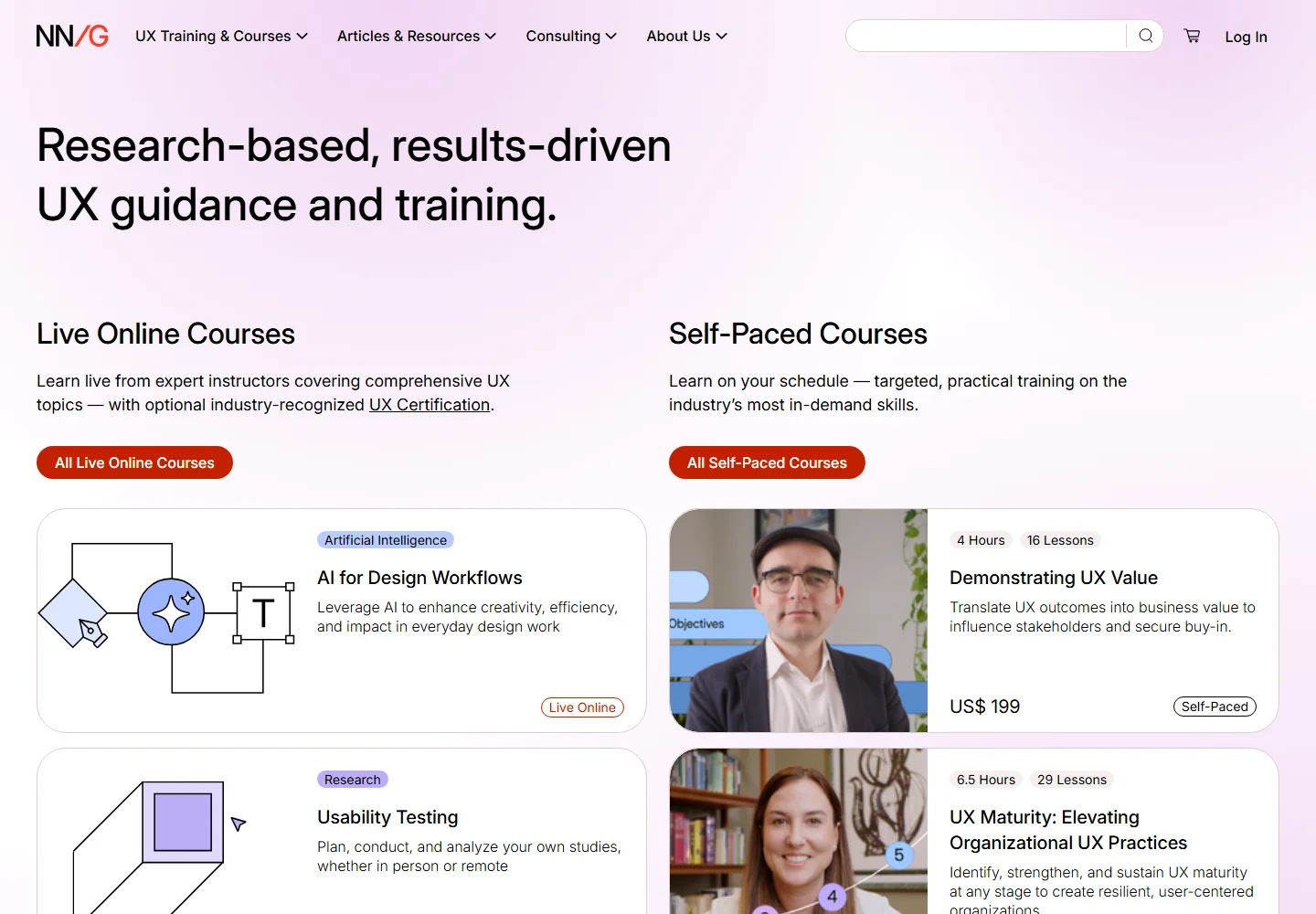Nielsen Norman Group homepage with UX research and training resources