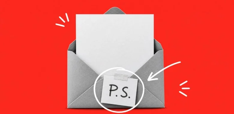 PS in an email cover with envelope and pinned P.S. note