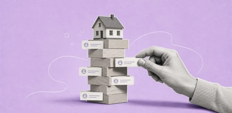 Real estate agent email list cover with contact blocks, house, and hand