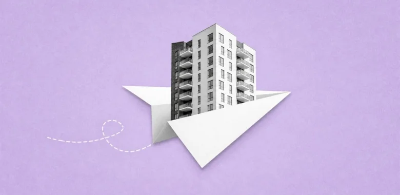 Real estate email marketing cover with paper airplane and apartment building
