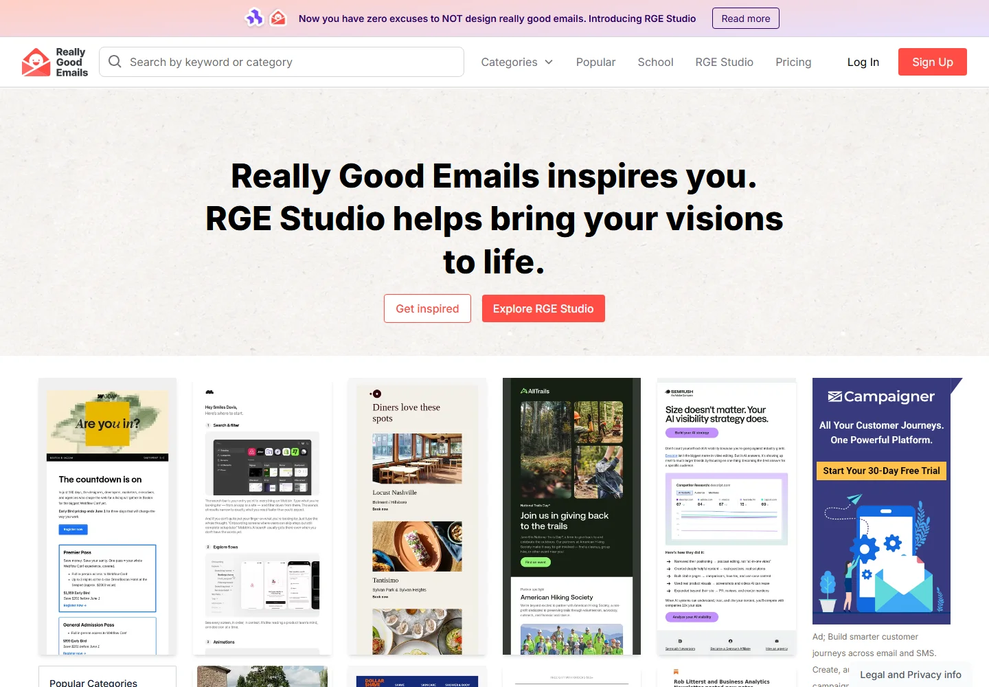 Really Good Emails homepage with email inspiration examples