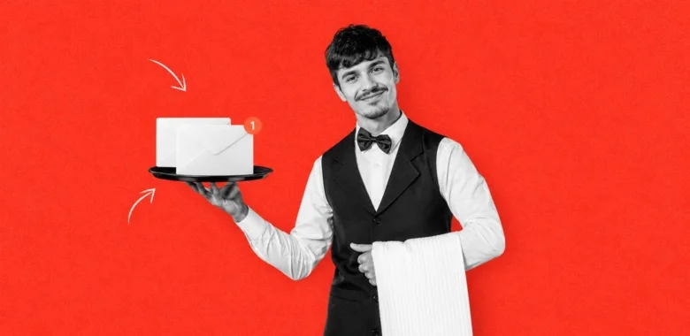 Restaurant email marketing cover with waiter holding email envelopes