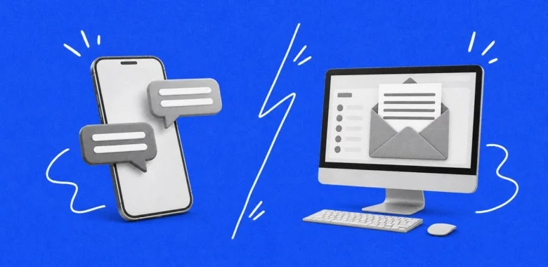 SMS vs email marketing cover with phone messages and email monitor