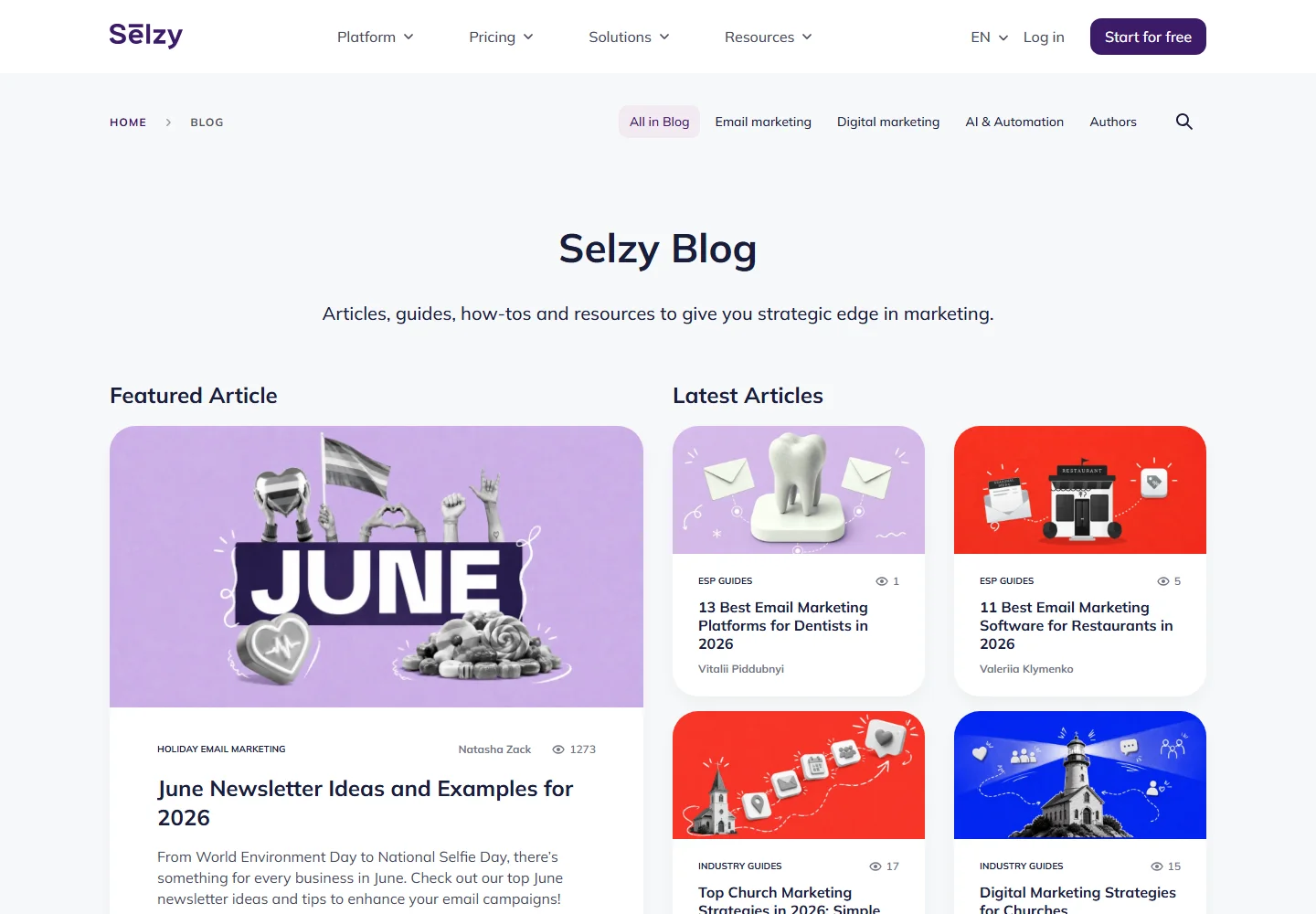 Selzy Blog homepage with featured and latest articles
