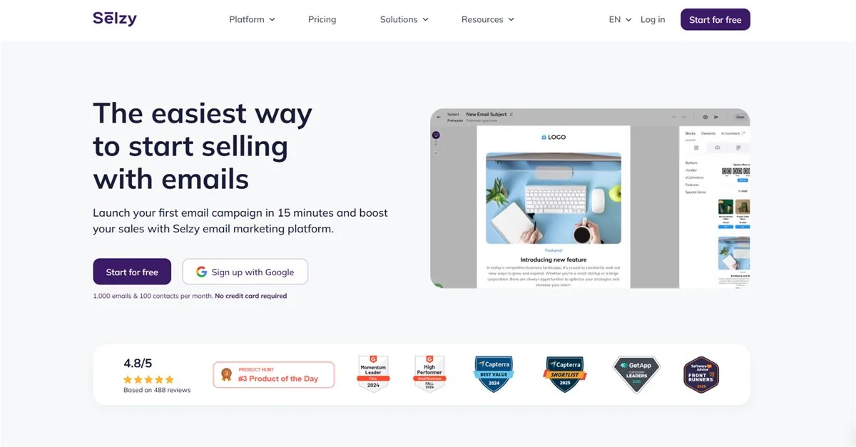 Selzy homepage with email marketing platform preview