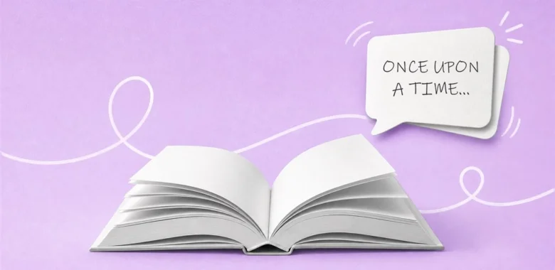 Storytelling in email marketing cover with open book and speech bubble