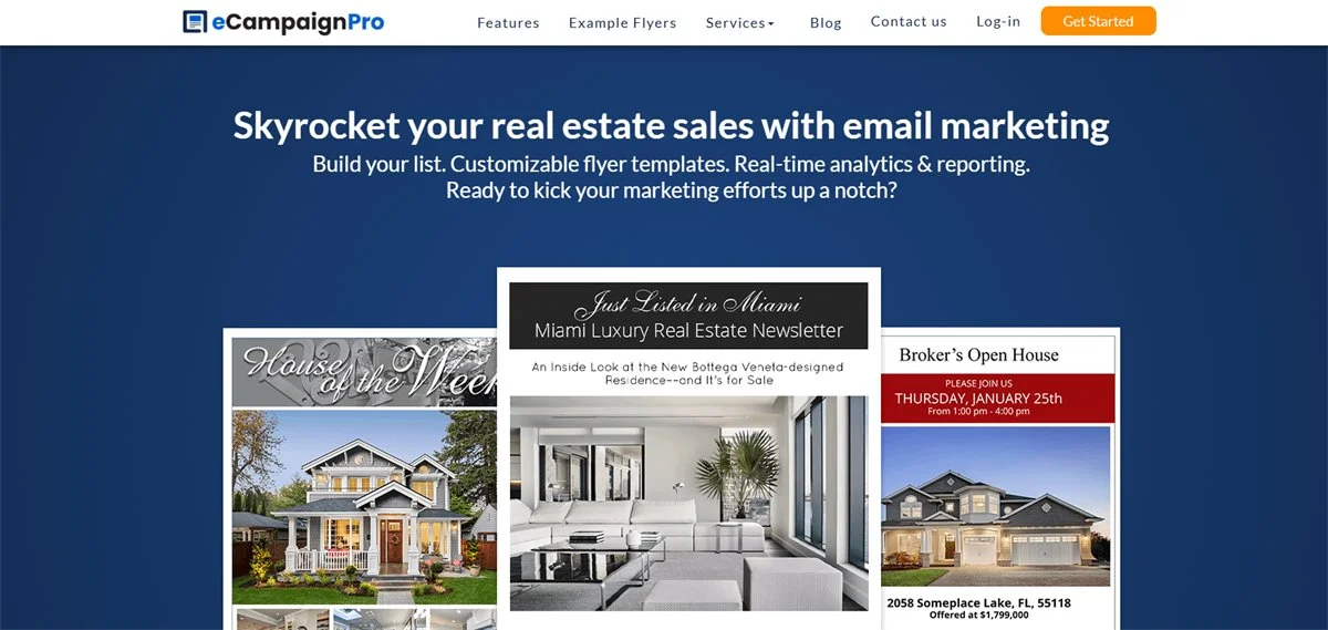 eCampaignPro homepage with real estate email flyer service preview